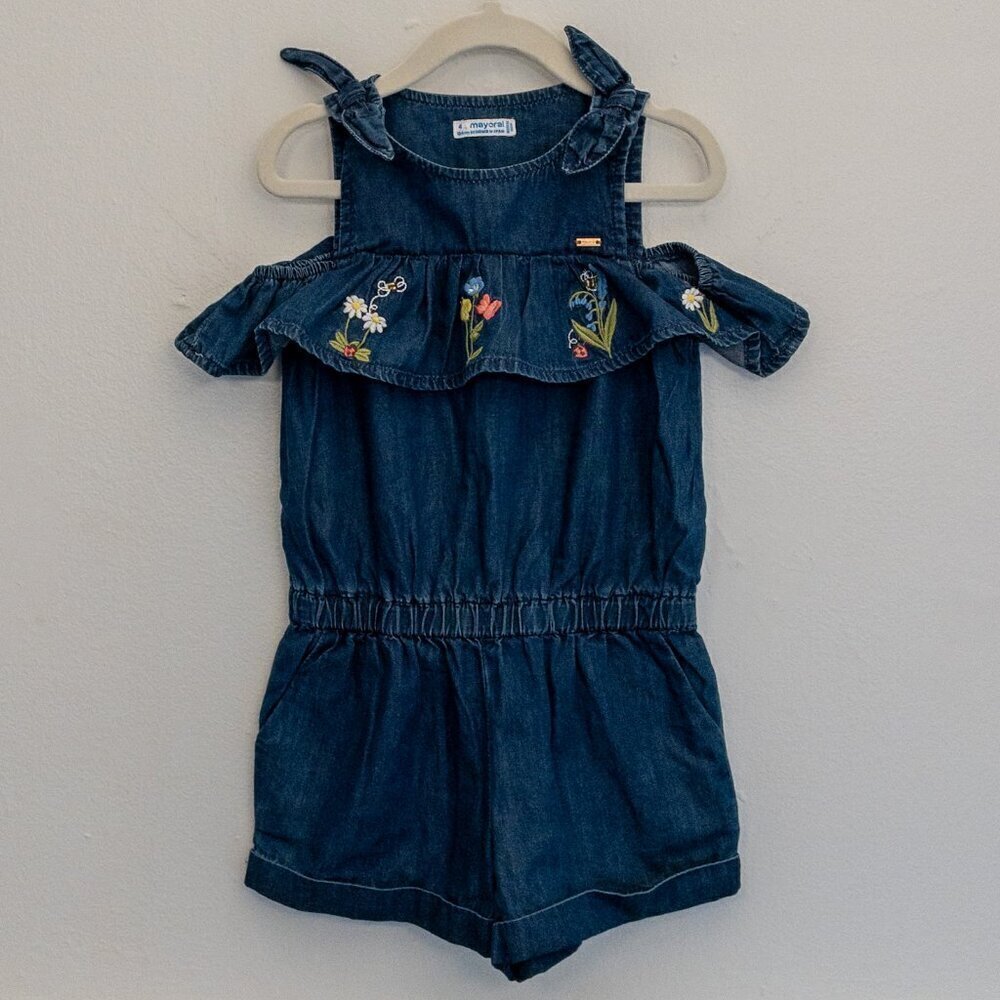 Mayoral Embroidered Denim Romper | Girls Size 4 (104 cm) | Floral Ruffle One-Pie